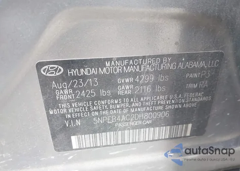 2013 Hyundai Sonata Gls z USA, uszkodzony, nr VIN 5NPEB4AC2DH800906